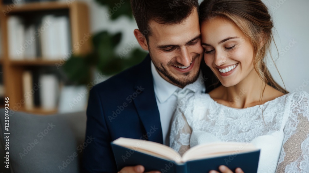 Joyful couple sharing moments while reading together in a cozy indoor setting filled with warmth and love Joyful couple sharing moments while reading together in a cozy indoor setting filled with warmth and love