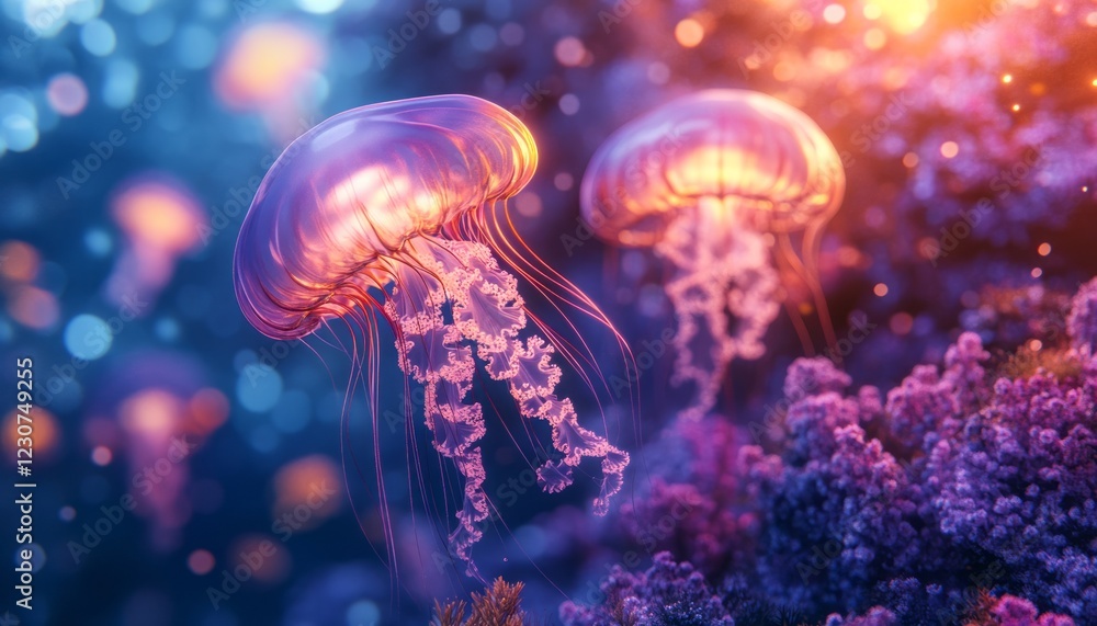Naklejka premium Two luminous jellyfish gracefully swim amidst vibrant coral, bathed in warm, underwater light.