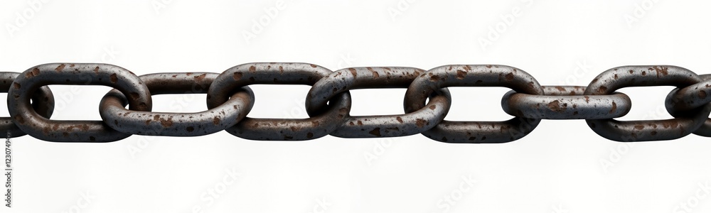 Close-up view of weathered metal chain. Rusty chain links show strength, durability. Industrial security theme. Heavy metal. Vintage feel. Isolated white background. Ideal for industrial projects Close-up view of weathered metal chain. Rusty chain links show strength, durability. Industrial security theme. Heavy metal. Vintage feel. Isolated white background. Ideal for industrial projects