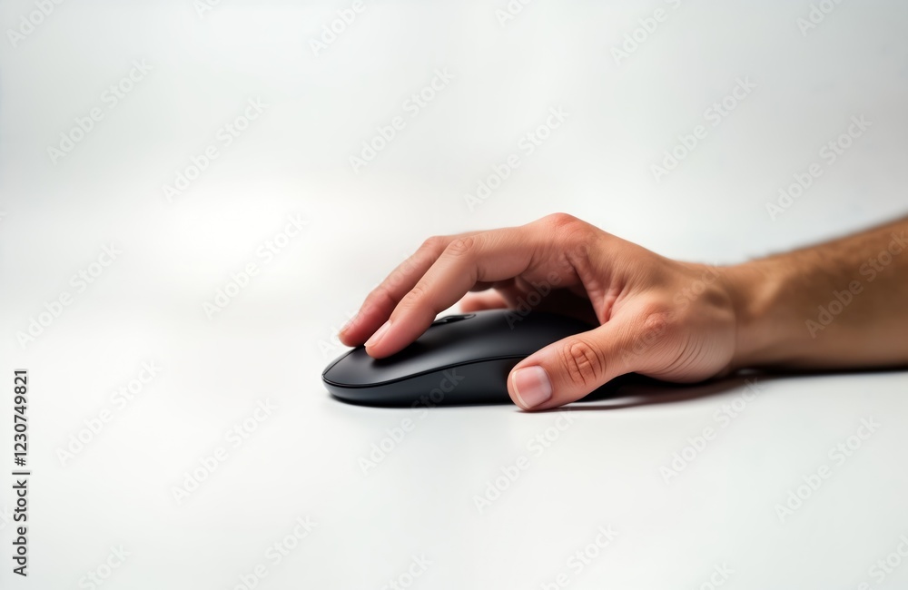 Hand controls wireless computer mouse on plain white surface. Modern tech equipment and human interaction. Focus on tech and digital control. Simple scene shows everyday use of tech. Hand controls wireless computer mouse on plain white surface. Modern tech equipment and human interaction. Focus on tech and digital control. Simple scene shows everyday use of tech.