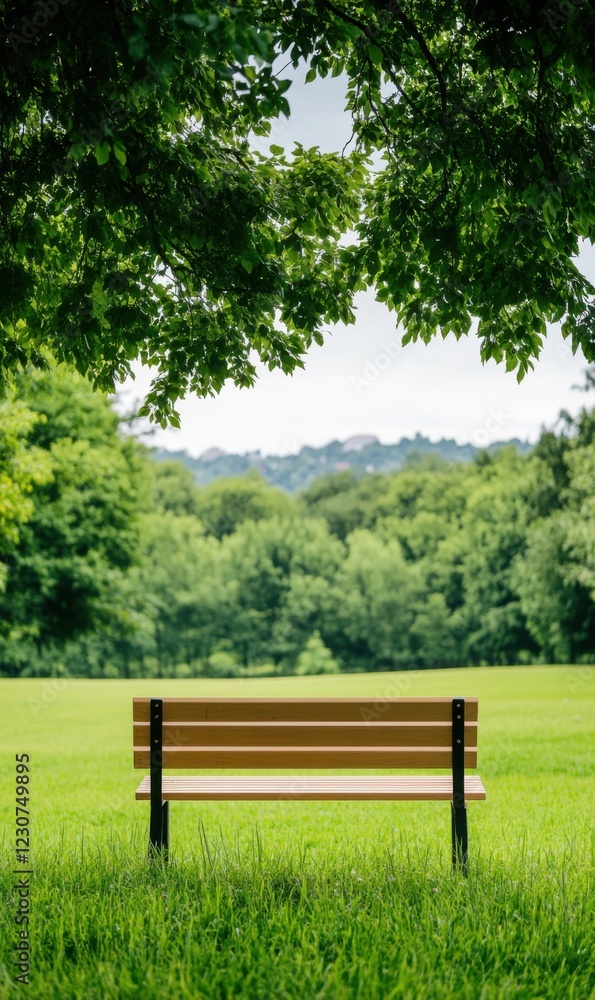 Serene Park Bench Surrounded by Lush Greenery and Trees in a Calm Natural Environment Serene Park Bench Surrounded by Lush Greenery and Trees in a Calm Natural Environment