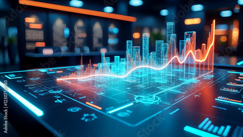 データ駆動型社会におけるビジネスプロセス自動化とAI技術を活用した未来的なグラフ. 生成AI
