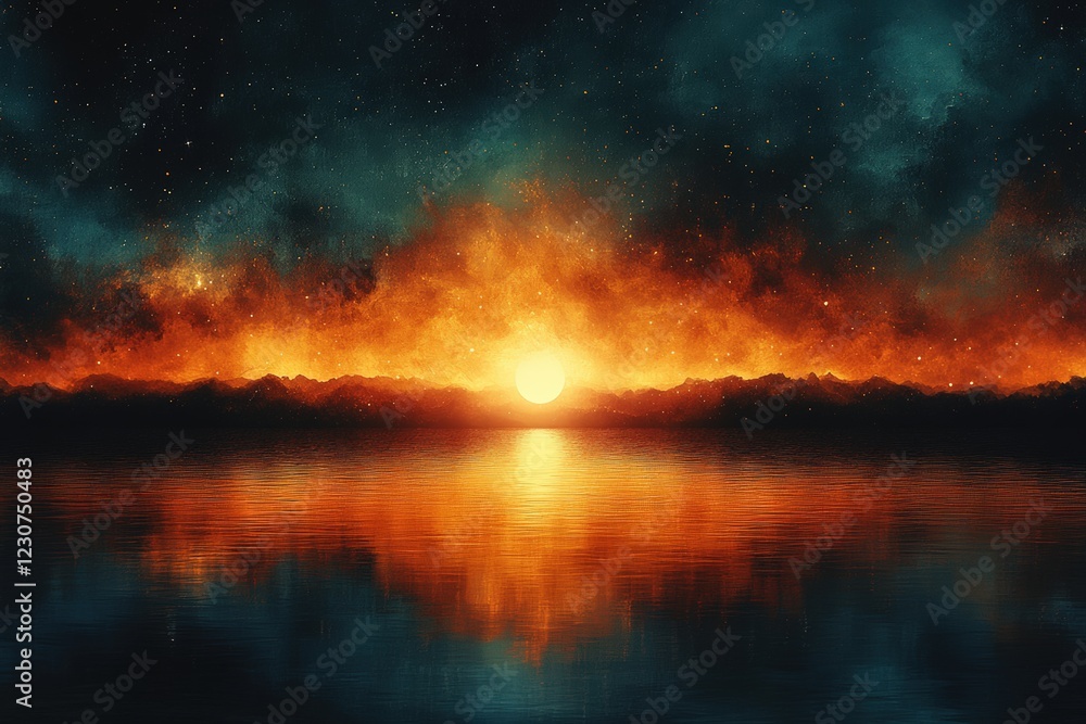 Fototapeta premium Sunset reflection over calm water mountain range nature serene environment wide view tranquility