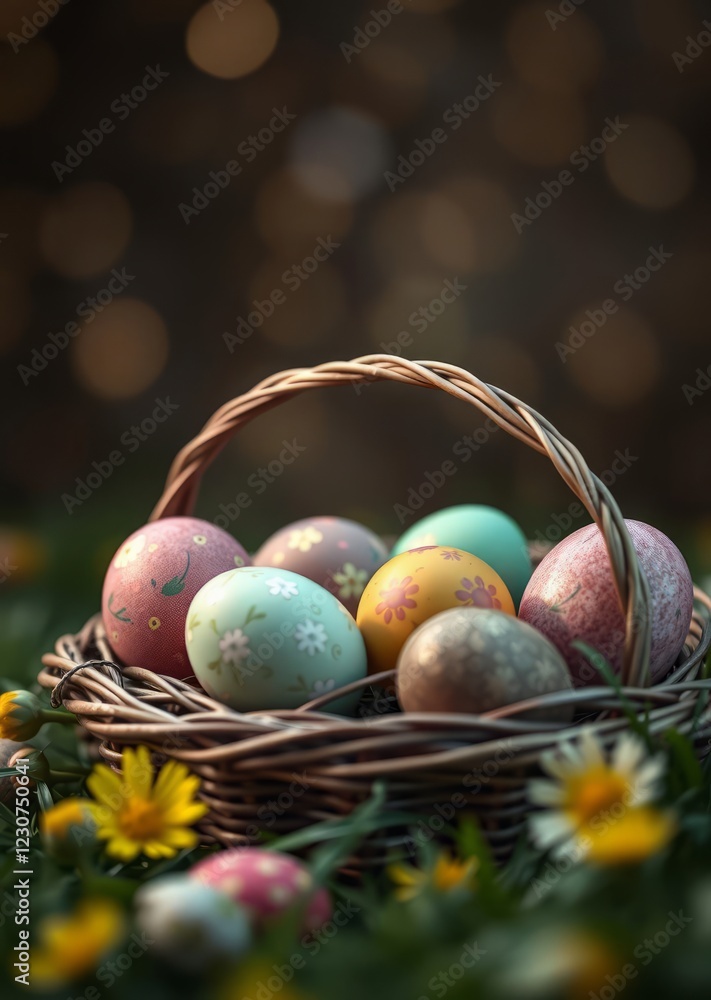 Colourful easter eggs in basket with bokeh background easter egg holiday illustration celebration easter