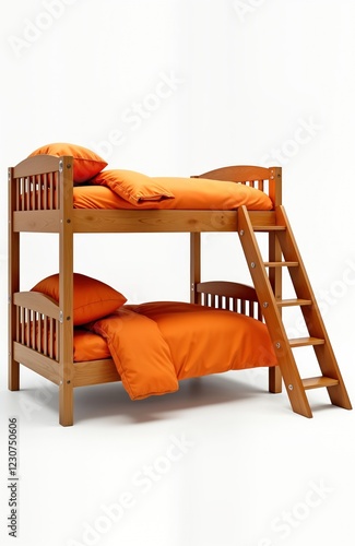 Stylish wooden bunk bed with bright orange bedding. Perfect space-saving solution for kids rooms guest rooms. Durable wooden construction. Modern design with orange bedding. Quality, comfort in mind. photo