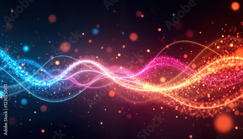 Abstract design shows vibrant glowing light trails. Fluid movement creates dynamic patterns of colors. Energetic curves, streaks of light displayed against dark background. Creative, modern visual photo