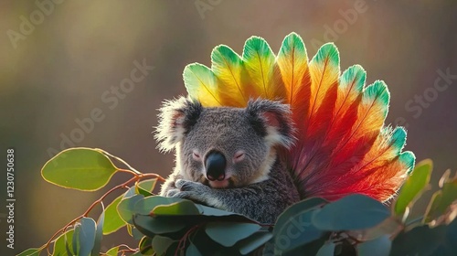  A koala with a colorful headdress on its head is perched on a tree branch photo