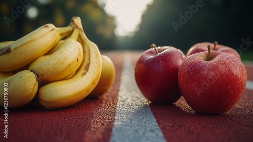 Fun Depiction of Bananas and Apples Competing in a Sprint on a Professionally Marked Track