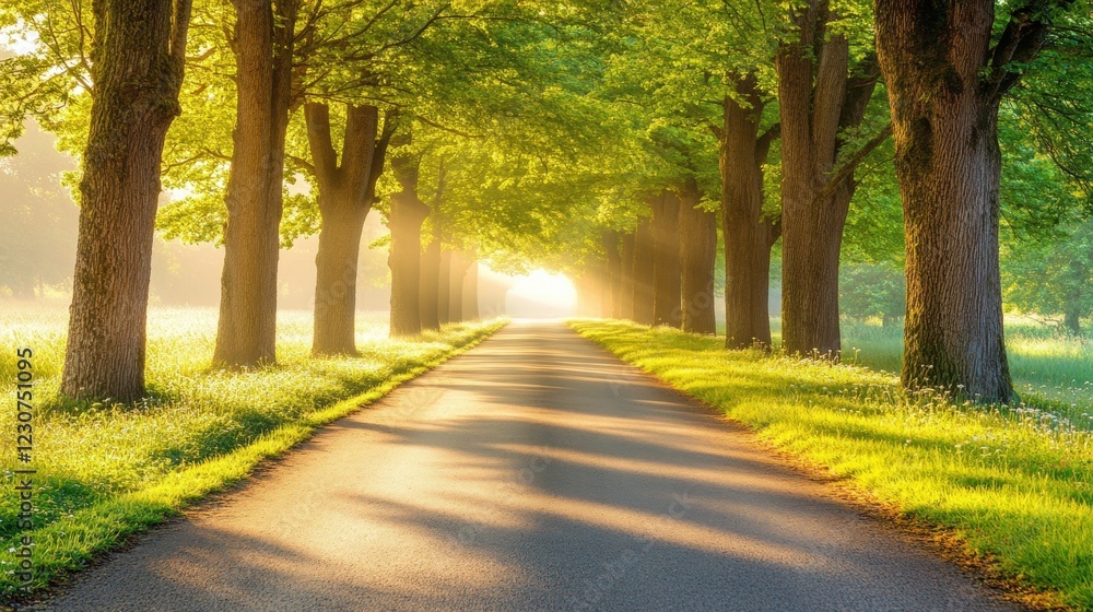 Beautiful summer landscape with a foggy meadow, trees, and a road in the morning light. Beautiful summer landscape with a foggy meadow, trees, and a road in the morning light.