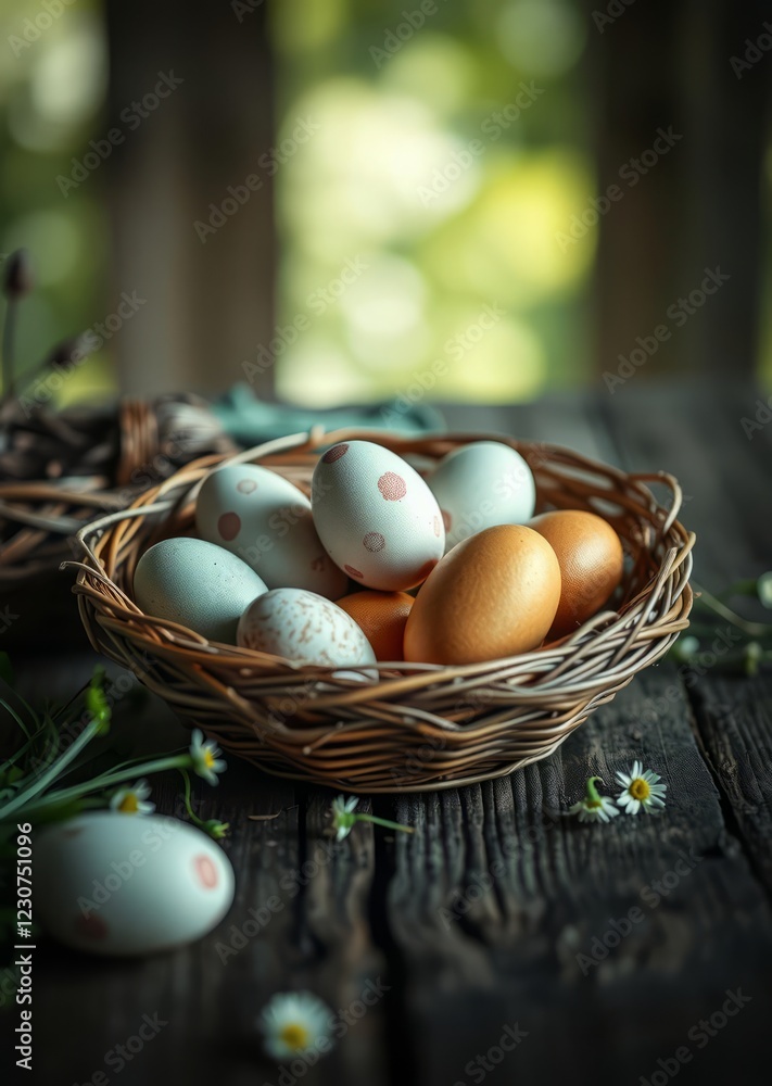 Easter eggs in a basket on a wooden surface a natural and rustic design with space for text great for spring or holiday concepts easter egg holiday illustration celebration easter