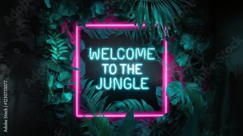 A vibrant neon sign reading 'Welcome to the Jungle' framed by lush tropical leaves, creating a lively and inviting atmosphere. photo