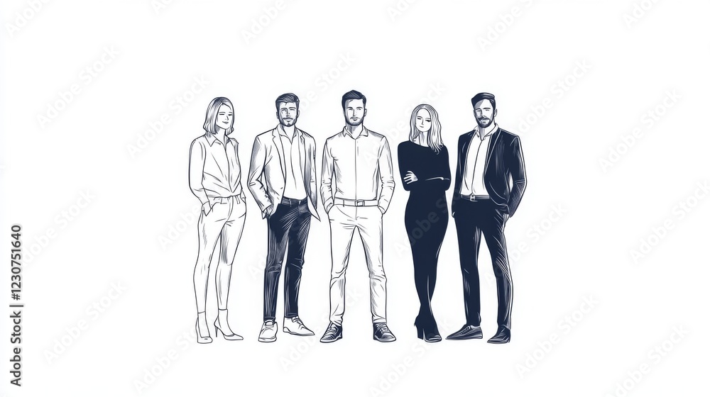 Five diverse professionals standing together, stylish sketch. Five diverse professionals standing together, stylish sketch.