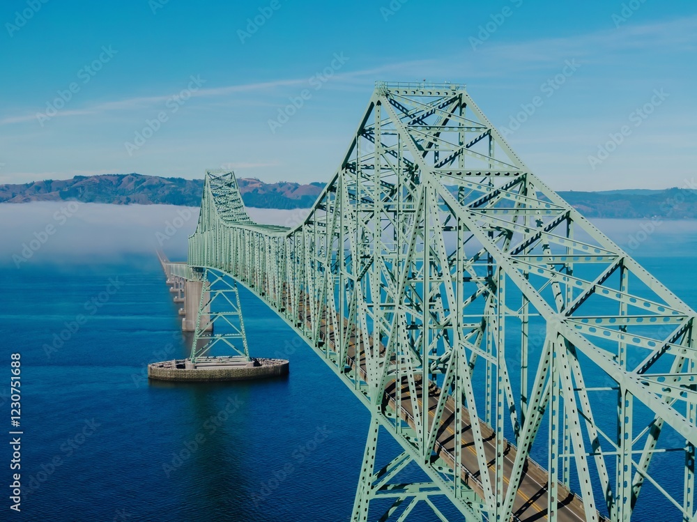 Fototapeta premium A long, green steel Astoria-Megler Bridge spans a body of water, with fog in the distance. The intricate design of the bridge's structure is highlighted. Astoria, Oregon, USA