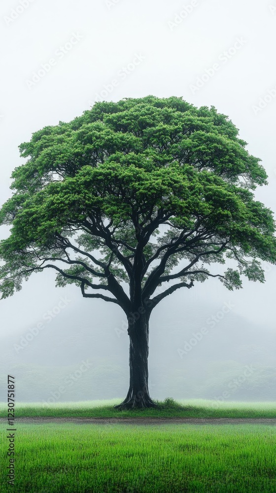 Fototapeta premium Single Green Tree in Foggy Field