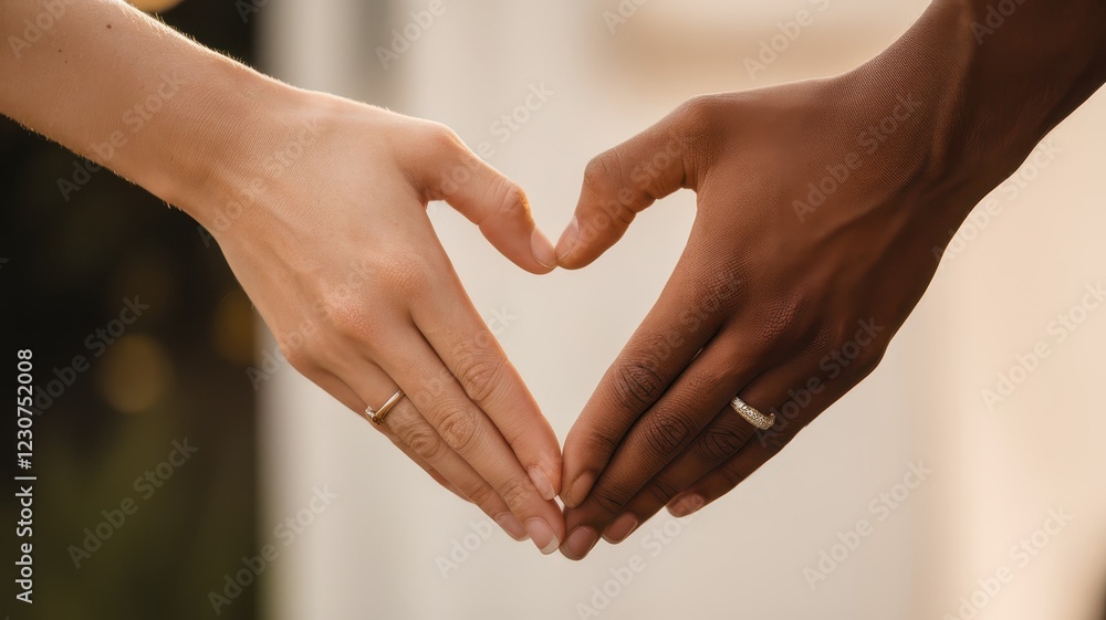 A close-up of a mixed-race couple forming a heart shape with their hands, showcasing their love and connection. The soft focus creates a warm atmosphere. A close-up of a mixed-race couple forming a heart shape with their hands, showcasing their love and connection. The soft focus creates a warm atmosphere.