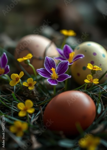 Obraz na płótnie Easter eggs and yellow and violet primrose easter egg holiday illustration celebration easter w salonie
