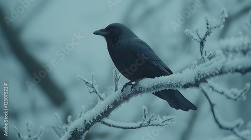  A black bird perched atop a snow-covered tree limb during winter's chill