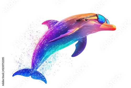 A graceful dolphin gracefully jumping out of the water with sunglasses on.blank templated, rule of thirds, space for text, isolated white background neon light photo