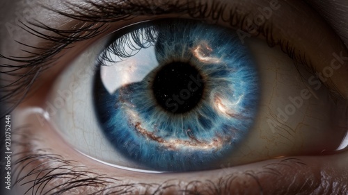 A close-up of a human eye with a mesmerizing galaxy pattern in the iris, showcasing vivid blue hues and intricate details.