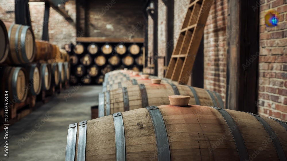 A serene view of wooden barrels stacked in a rustic winery, evoking the rich tradition of winemaking.
