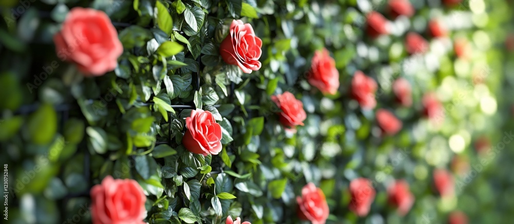 Vibrant artificial rose wall decoration in a bright setting, enhancing event ambiance Vibrant artificial rose wall decoration in a bright setting, enhancing event ambiance