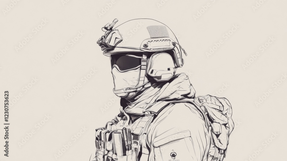 Fototapeta premium Line art portrait of a soldier in full combat gear.