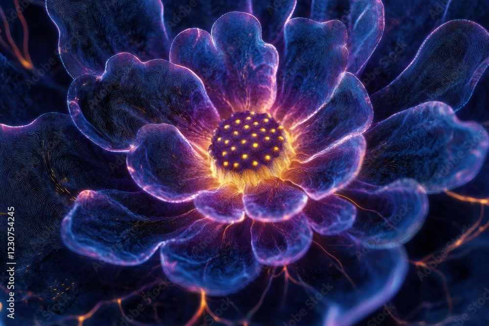 Fototapeta premium close-up of central structure of an electric blue lotus flower, with petals radiating outwards in shades of purple and yellow, creating intricate patterns that resemble ripples or veins Generative AI