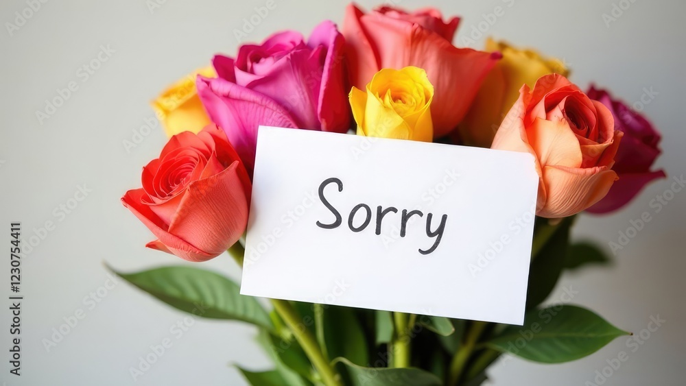 Fototapeta premium Bright bouquet of tulip flowers with a white card. Text on the card: “Sorry.”