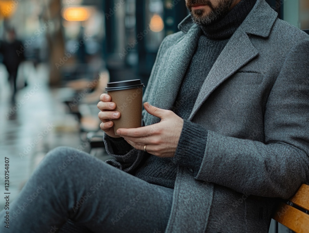 Stylish Coffee Break: A Man in a Modern Winter Jacket Sipping from a Cup Stylish Coffee Break: A Man in a Modern Winter Jacket Sipping from a Cup