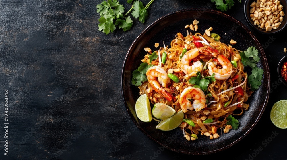 A plate of perfectly cooked pad Thai with shrimp, bean sprouts, and peanuts A plate of perfectly cooked pad Thai with shrimp, bean sprouts, and peanuts