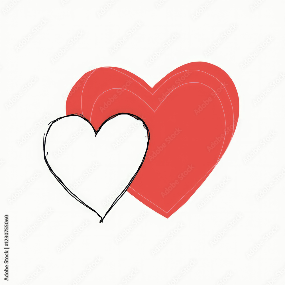 Two Overlapping Hearts of the Same Size, One Red and One White, Outlined in Black, Creating a Symmetrical Contrast Two Overlapping Hearts of the Same Size, One Red and One White, Outlined in Black, Creating a Symmetrical Contrast