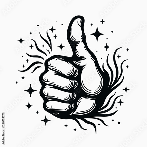 Thumbs up gesture with glowing stars, symbol of positivity