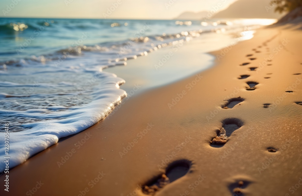 Footprints in soft golden sand near foaming ocean wave. Peaceful scene at sunrise or sunset on tropical beach. Barefoot walk along shore. Tranquil summer day. Perfect for vacation or holiday. Footprints in soft golden sand near foaming ocean wave. Peaceful scene at sunrise or sunset on tropical beach. Barefoot walk along shore. Tranquil summer day. Perfect for vacation or holiday.
