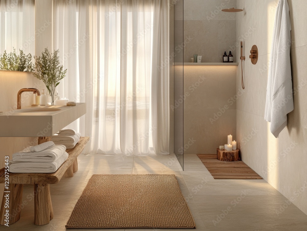 Fototapeta premium A bathroom with a shower and a sink. The sink has a vase with flowers on it