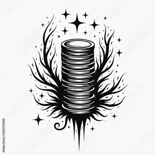 Stacked coins emerging from branches, symbolizing wealth growth