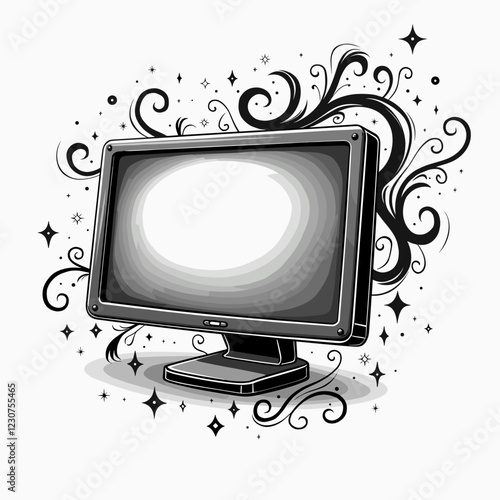 Stylish computer monitor with swirling designs, digital creativity