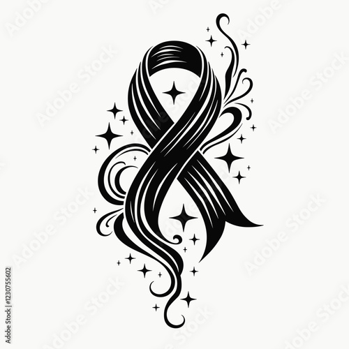 Elegant black ribbon design with stars, symbolism of awareness