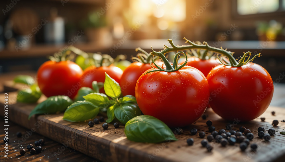 Fresh tomatoes, wooden cutting board, basil leaves, peppercorns, rustic kitchen, warm lighting, macro photography, vibrant colors, shallow depth of field, food styling, organic produce, culinary scene Fresh tomatoes, wooden cutting board, basil leaves, peppercorns, rustic kitchen, warm lighting, macro photography, vibrant colors, shallow depth of field, food styling, organic produce, culinary scene