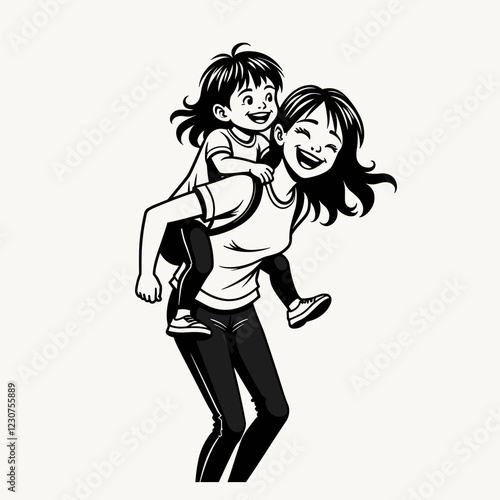 Joyful mother carrying daughter on her back, playful bonding moment