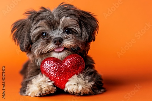 Havanese - my desired dog. Ad campaign visual idea art. Cute havanese dog with sparkling rhinestones red heart - emblem of love, funny greeting card. Cute puppy pictures. Heart-shaped toys. photo