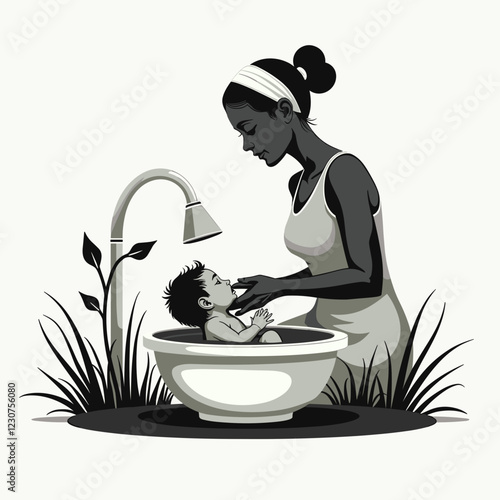 Nurturing mother bathing her baby in a serene setting, bonding moment