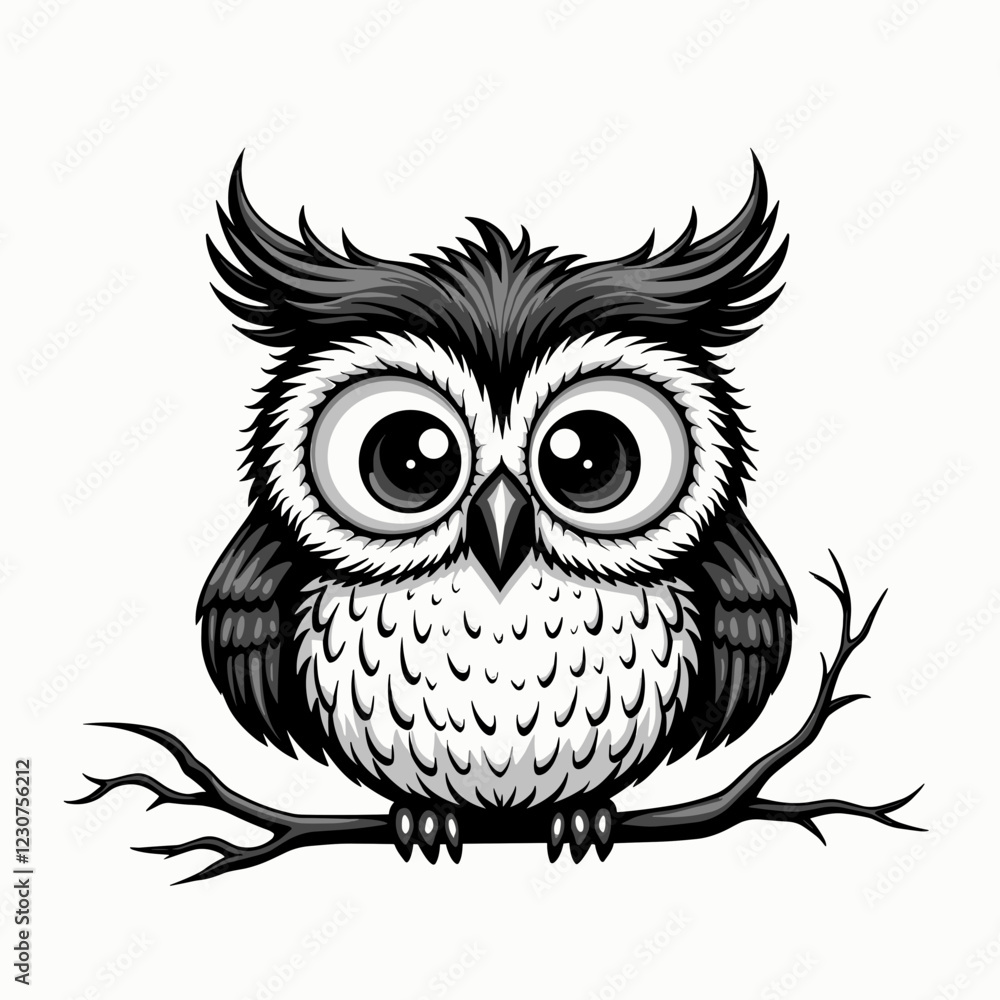 Fototapeta premium Cute cartoon owl perched on branch, whimsical charm