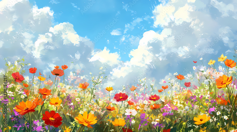 Obraz premium Exploring lush summer landscapes filled lively colored florals breathtaking nature scenes, blooming, beauty, garden, flowers, scenery, bright, sunshine. Electric Meadow. Illustration