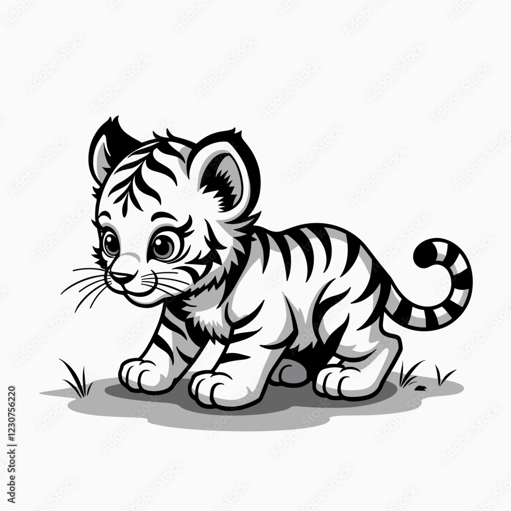 Playful white tiger cub exploring grass, wildlife illustration Playful white tiger cub exploring grass, wildlife illustration