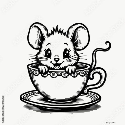 Cheerful mouse peeking from teacup, whimsical illustration