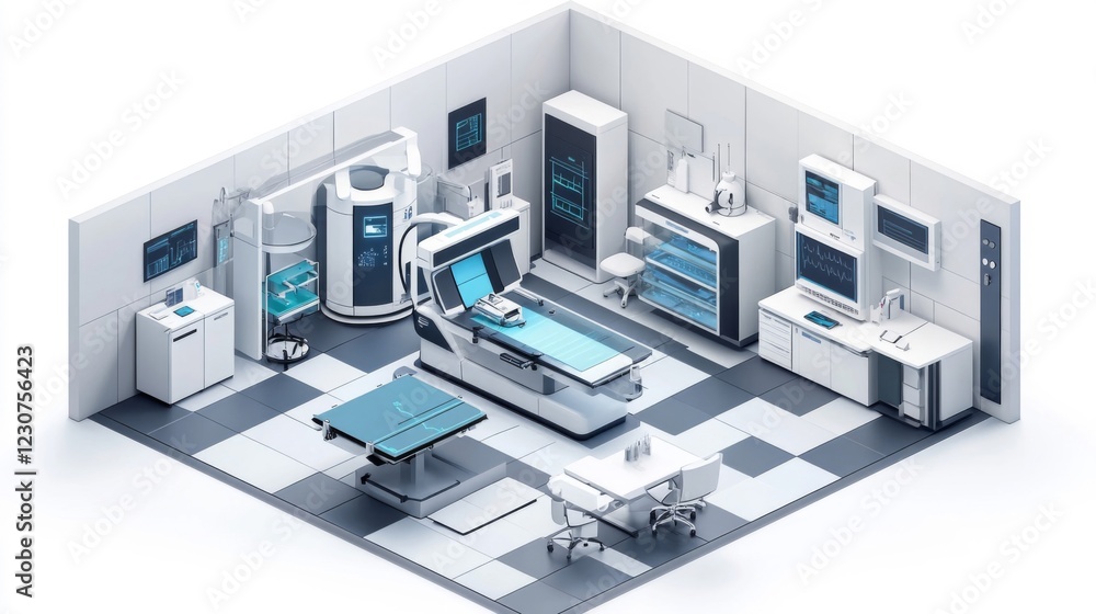 Isometric View of a Modern Sterile Medical Room with Futuristic Equipment Isometric View of a Modern Sterile Medical Room with Futuristic Equipment
