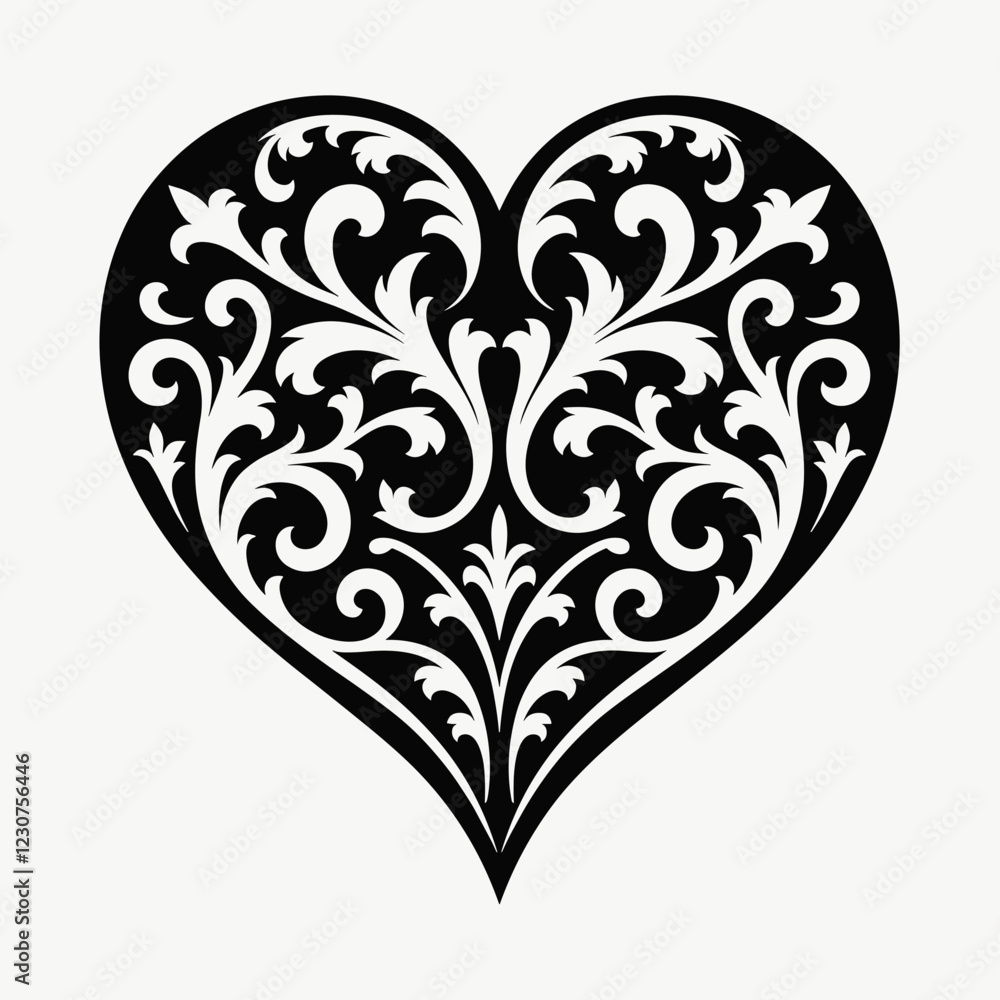 Ornate black heart design on light background, love and elegance Ornate black heart design on light background, love and elegance