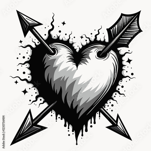 Stylized heart pierced by arrows, love and heartbreak symbolism