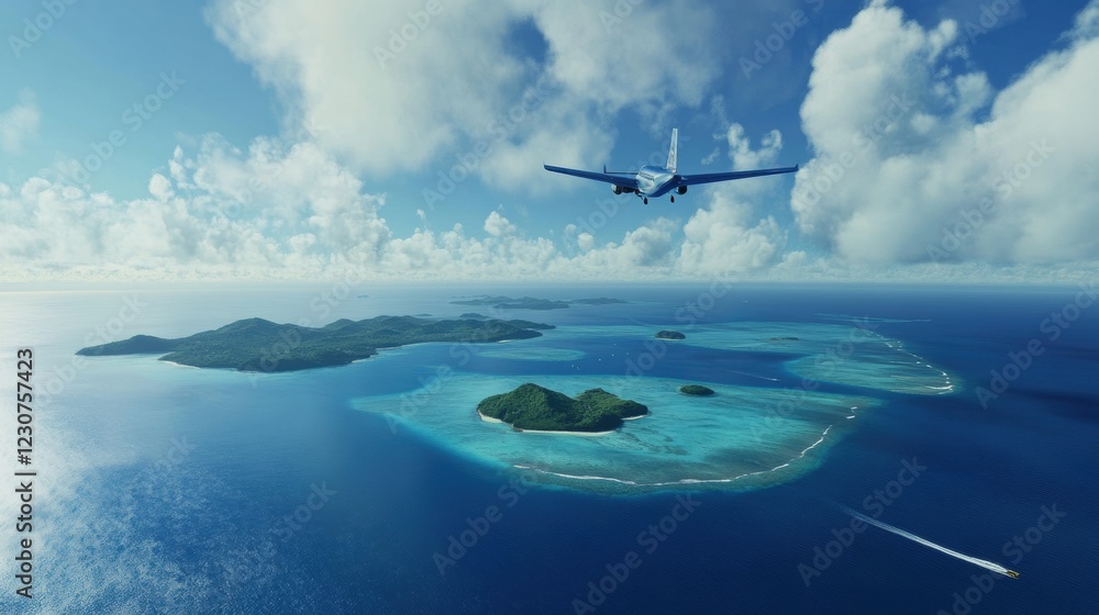 Naklejka premium Airplane glides gracefully over vast blue ocean with small islands below in sunny skies. Generative AI