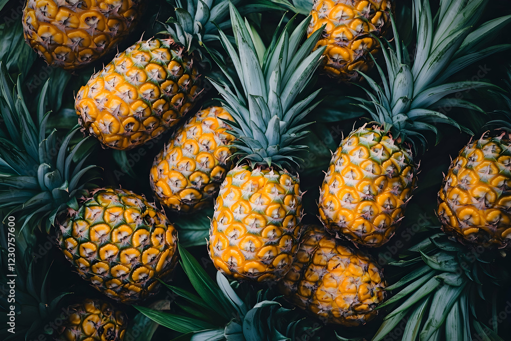 Vibrant tropical pineapples growing in an orchard, showcasing agricultural tourism and exotic fruit farming Vibrant tropical pineapples growing in an orchard, showcasing agricultural tourism and exotic fruit farming